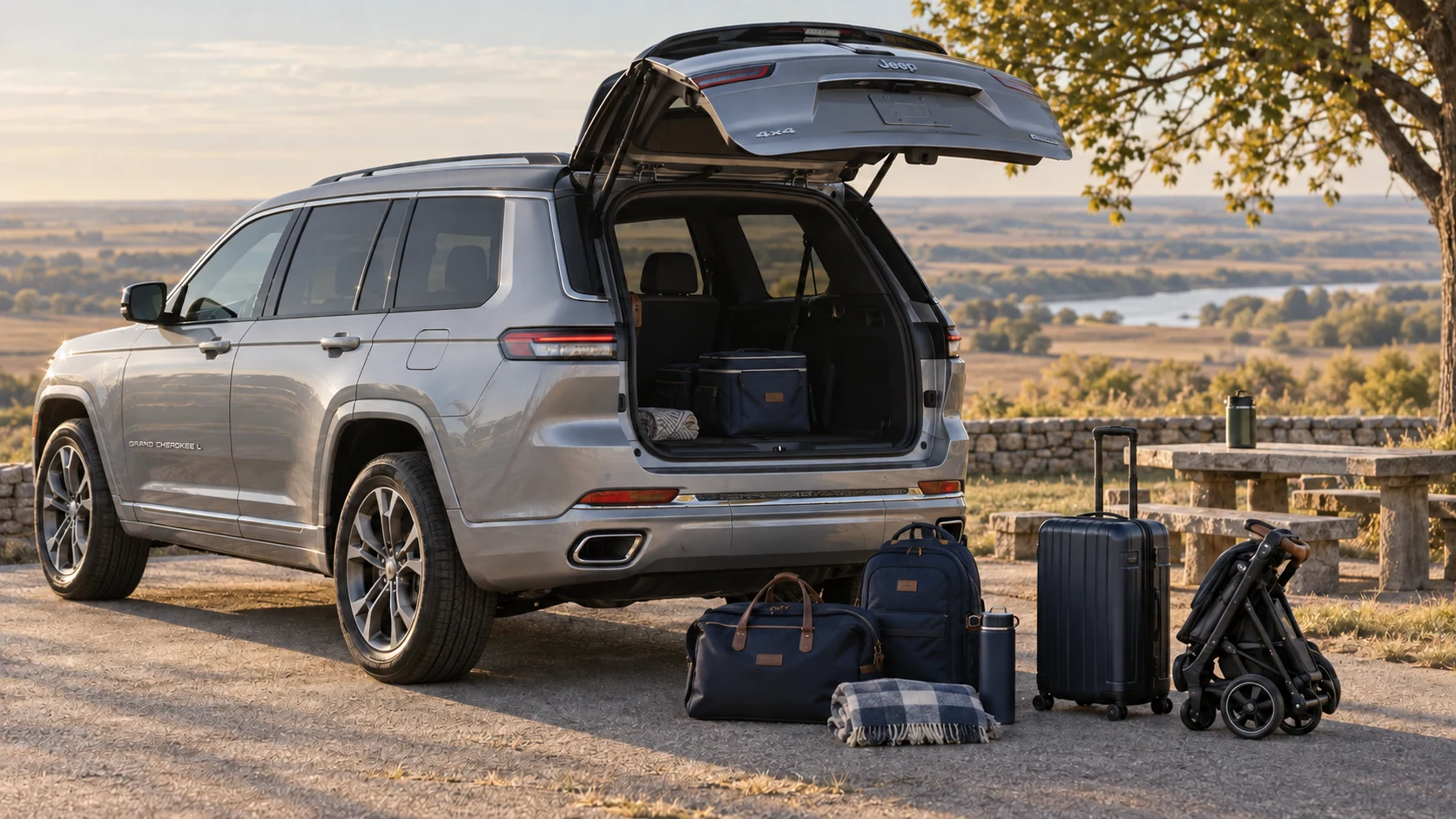 Travel bags and a folded stroller beside an SUV with its rear liftgate open.